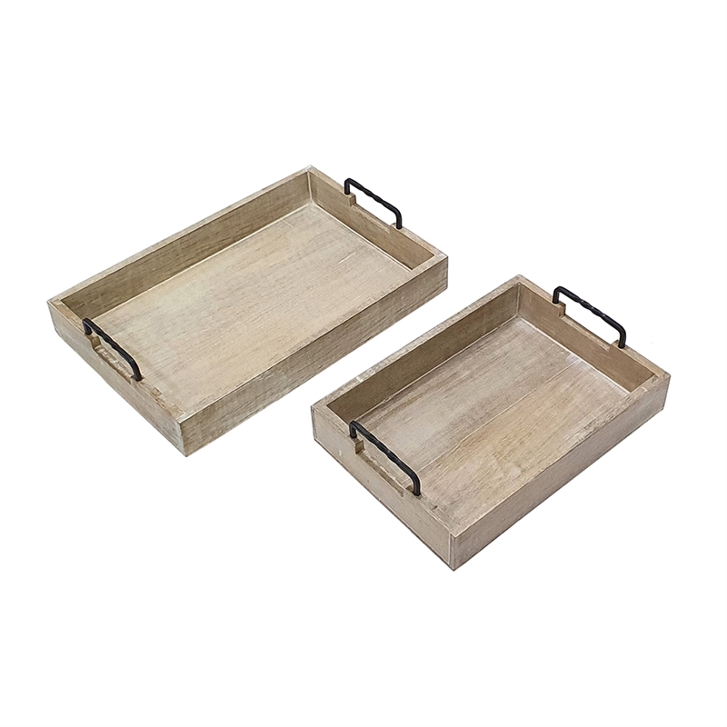 Rustic Accessory Tray Set of 2- Black Iron Handles- Natural Beige
