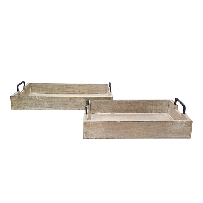 Rustic Accessory Tray Set of 2- Black Iron Handles- Natural Beige