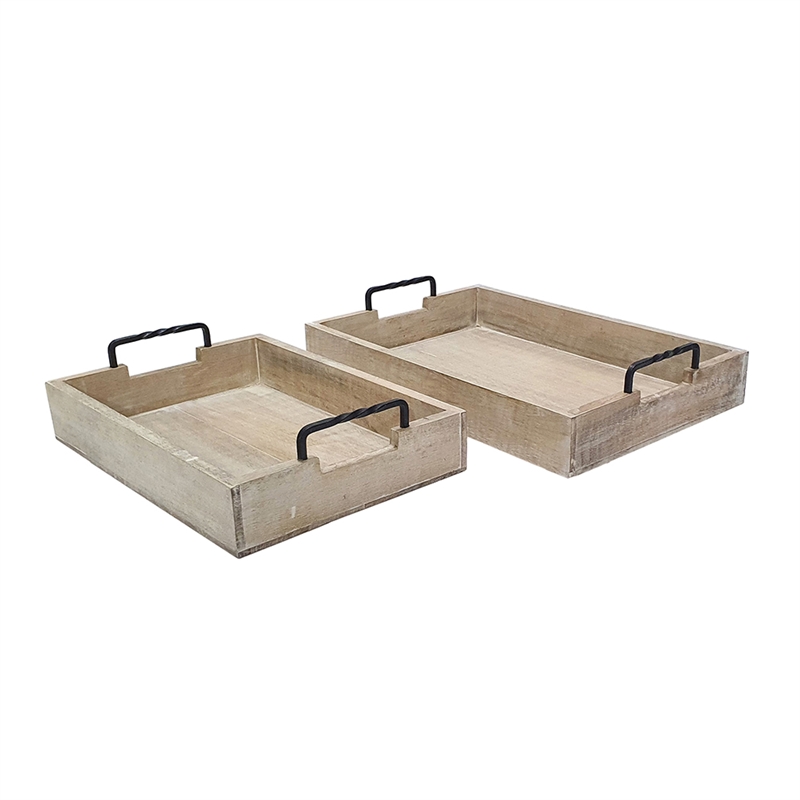 Rustic Accessory Tray Set of 2- Black Iron Handles- Natural Beige