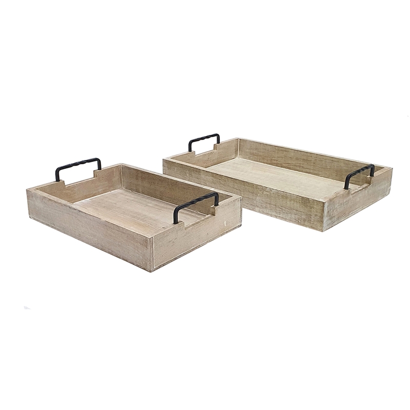 Rustic Accessory Tray Set of 2- Black Iron Handles- Natural Beige
