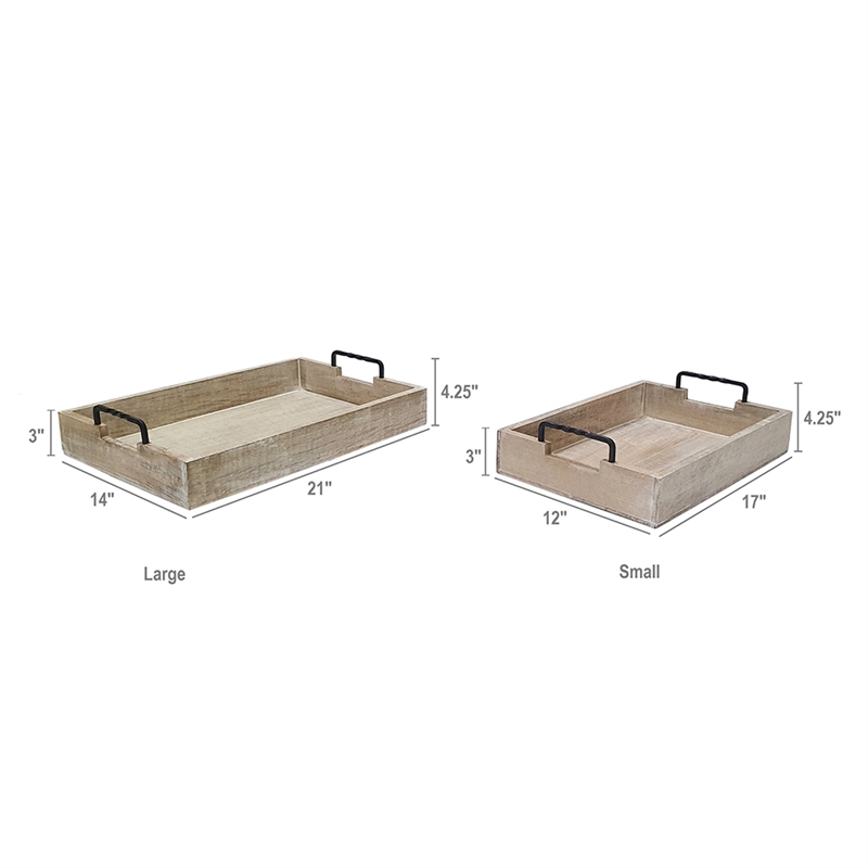 Rustic Accessory Tray Set of 2- Black Iron Handles- Natural Beige