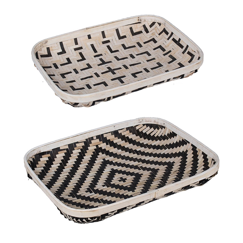 Mona Organic Wash Trays Set of 2- White Black Bamboo Woven Patterns
