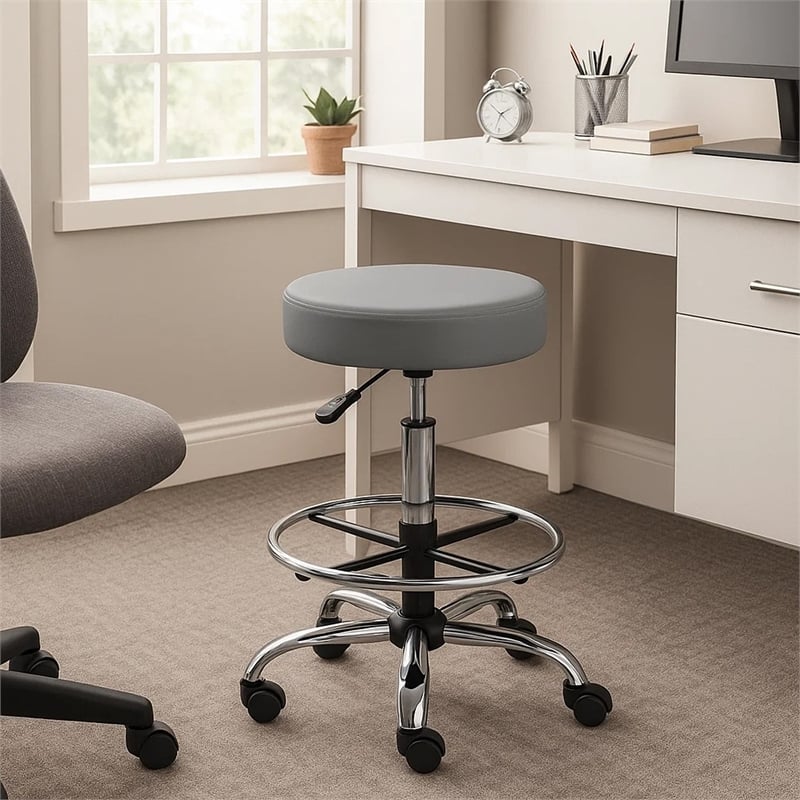 Fea Medical Drafting Stool- Round Gray Vinyl- Chrome Footring