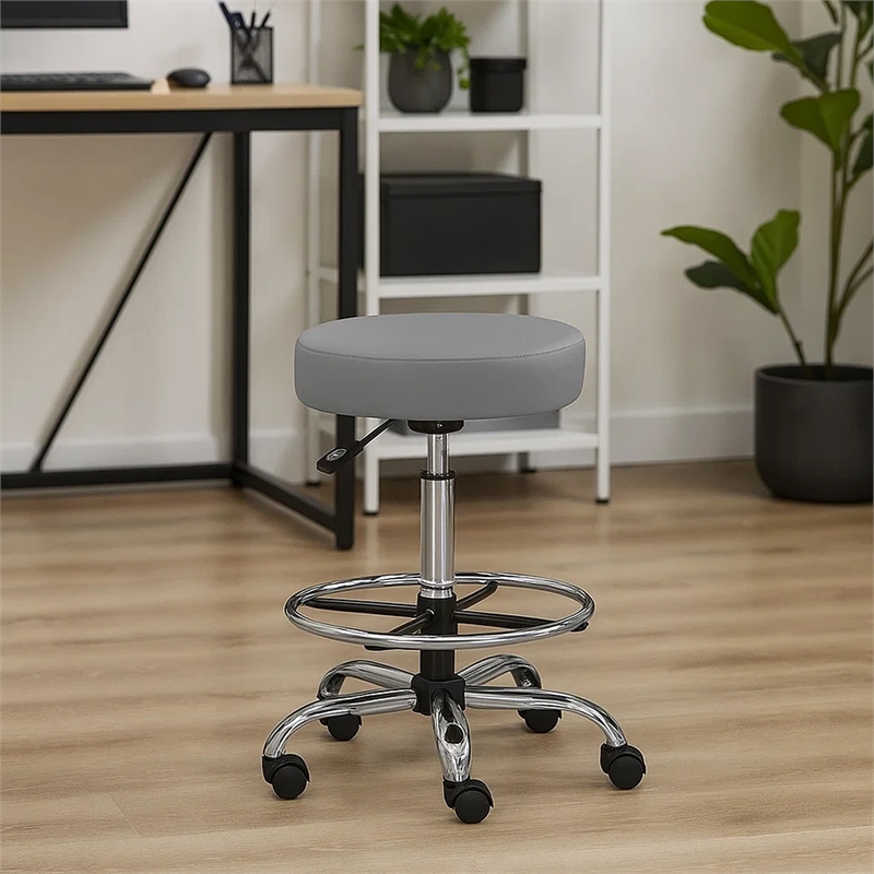 Fea Medical Drafting Stool- Round Gray Vinyl- Chrome Footring