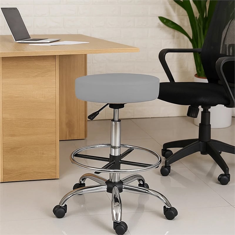 Fea Medical Drafting Stool- Round Gray Vinyl- Chrome Footring