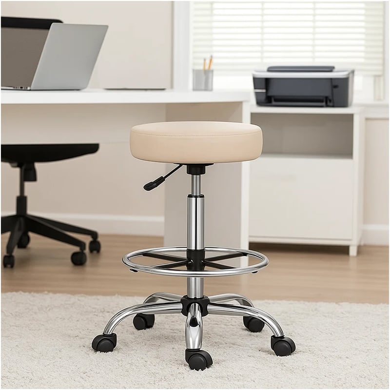 Fea Medical Drafting Stool- Round Beige Vinyl- Chrome Footring