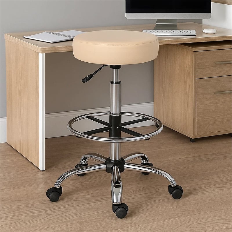 Fea Medical Drafting Stool- Round Beige Vinyl- Chrome Footring