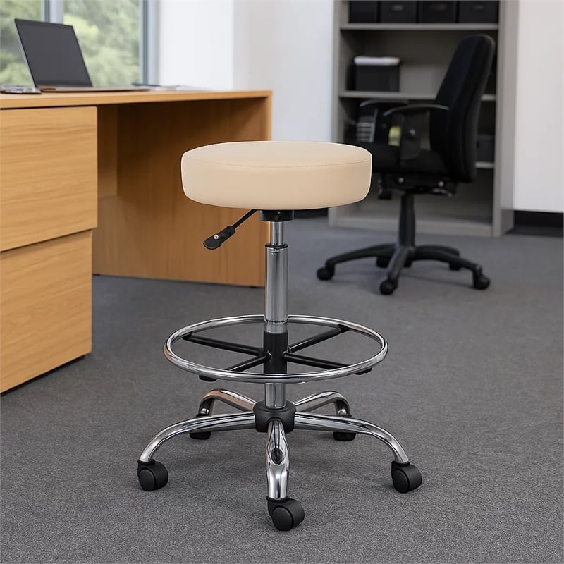 Fea Medical Drafting Stool- Round Beige Vinyl- Chrome Footring