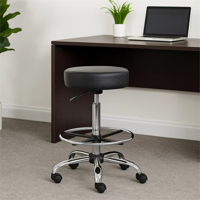 Fea Medical Drafting Stool- Round Black Vinyl- Chrome Footring