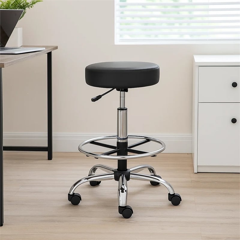 Fea Medical Drafting Stool- Round Black Vinyl- Chrome Footring