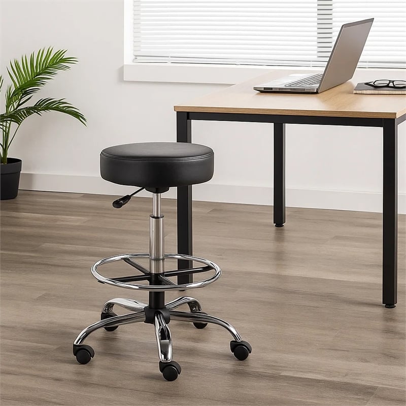 Fea Medical Drafting Stool- Round Black Vinyl- Chrome Footring