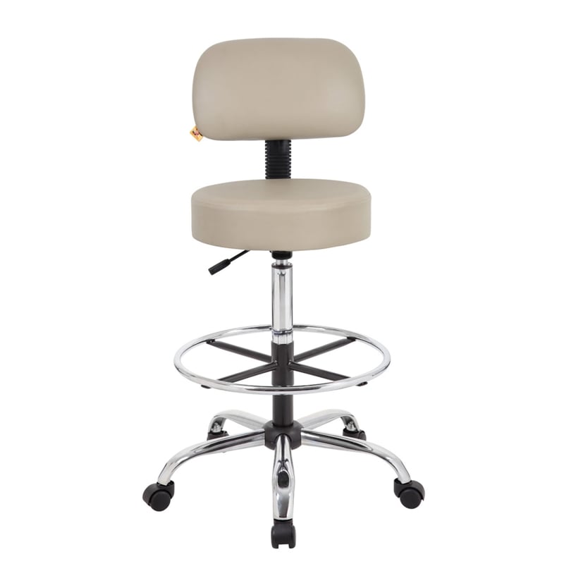 Fea Medical Drafting Stool- Beige Vinyl- Low Back and Padded Seat- Chrome