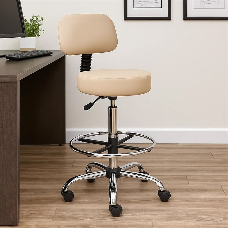 Fea Medical Drafting Stool- Beige Vinyl- Low Back and Padded Seat- Chrome