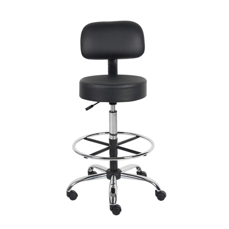 Fea Medical Drafting Stool- Black Vinyl- Low Back and Padded Seat- Chrome