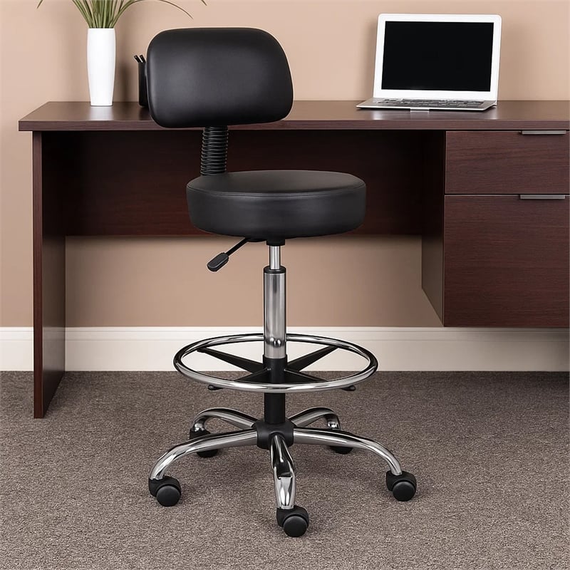 Fea Medical Drafting Stool- Black Vinyl- Low Back and Padded Seat- Chrome