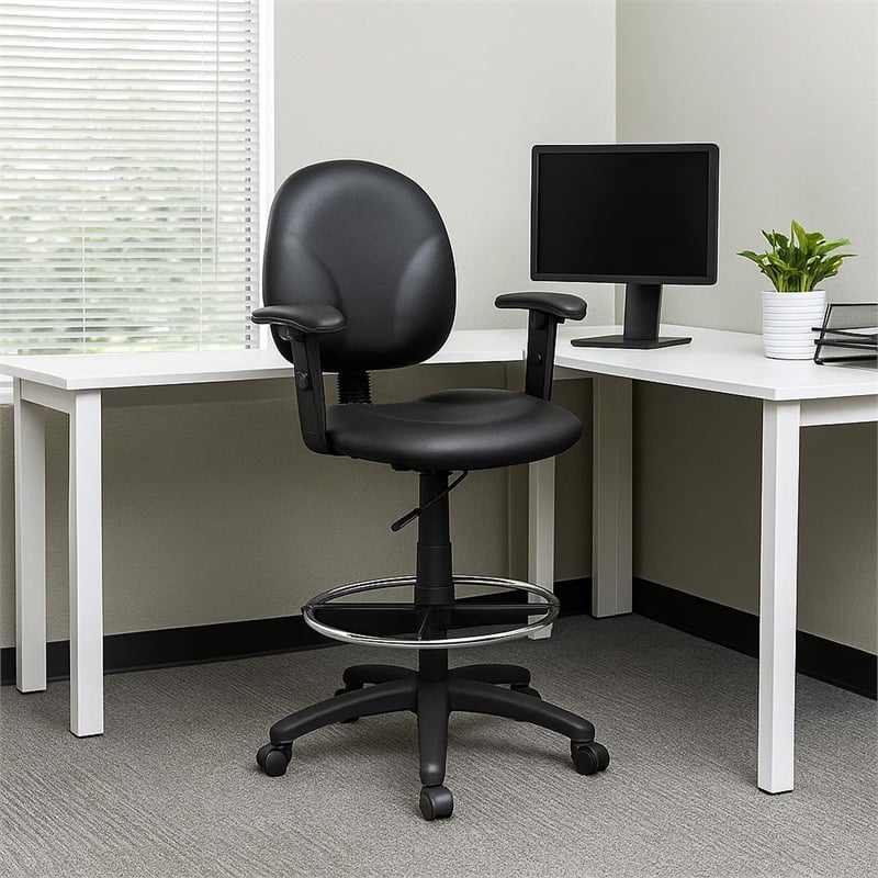 Zem Drafting Stool with Adjustable Arms & Chrome Footring- Black Vinyl