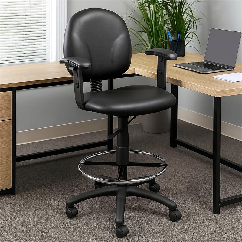 Zem Drafting Stool with Adjustable Arms & Chrome Footring- Black Vinyl