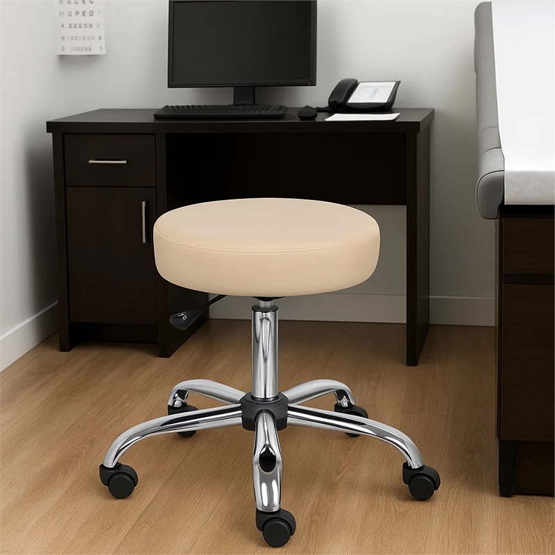 Fea Medical Swivel Stool- Round Beige Padded Seat- Rolling Chrome Base