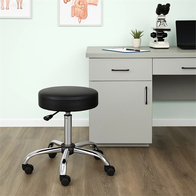 Fea Medical Swivel Stool- Round Black Padded Seat- Rolling Chrome Base