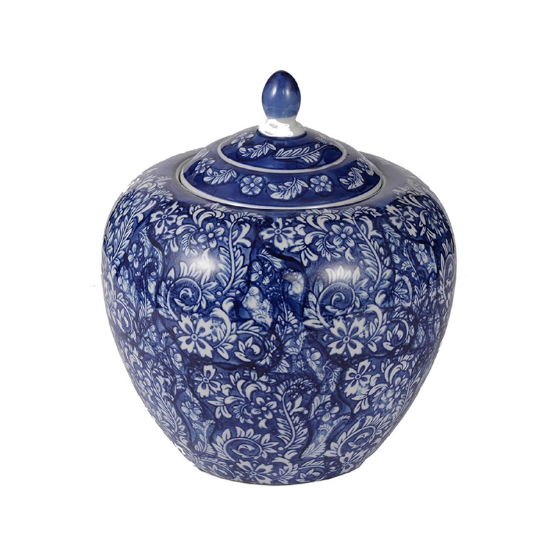 Ginger Jar with Finial-  Floral Print- White Blue Porcelain- 10 Inch