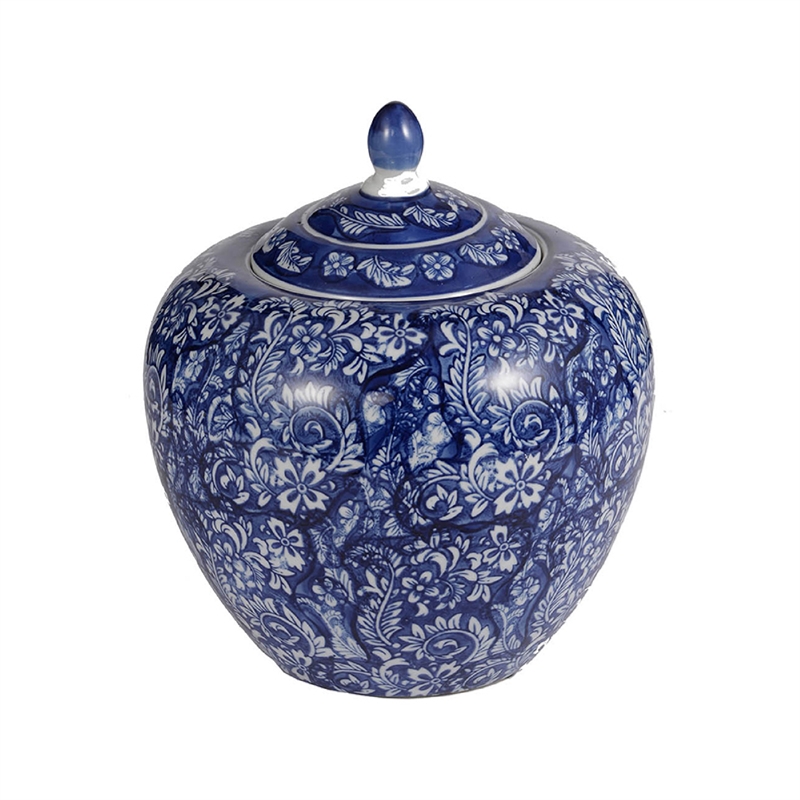 Ginger Jar with Finial-  Floral Print- White Blue Porcelain- 10 Inch