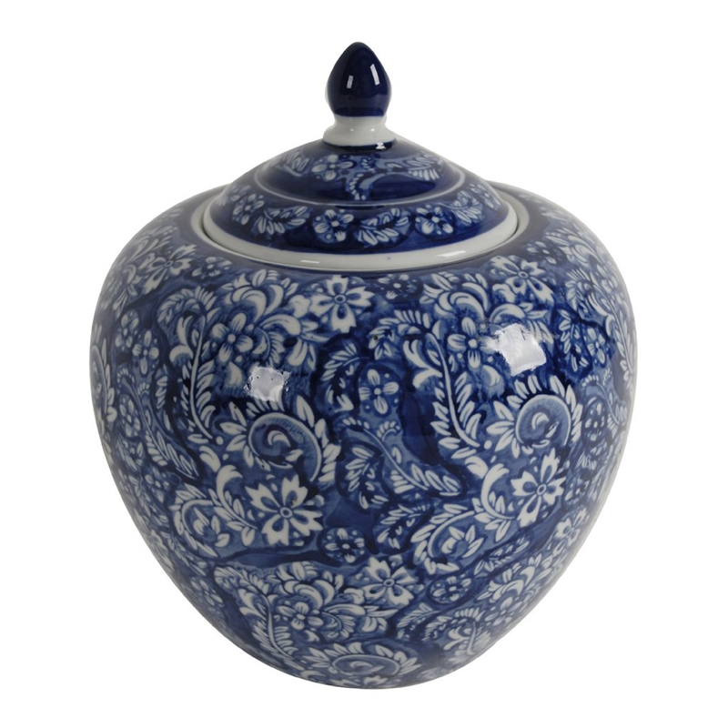 Ginger Jar with Finial-  Floral Print- White Blue Porcelain- 10 Inch