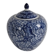 Ginger Jar with Finial-  Floral Print- White Blue Porcelain- 10 Inch