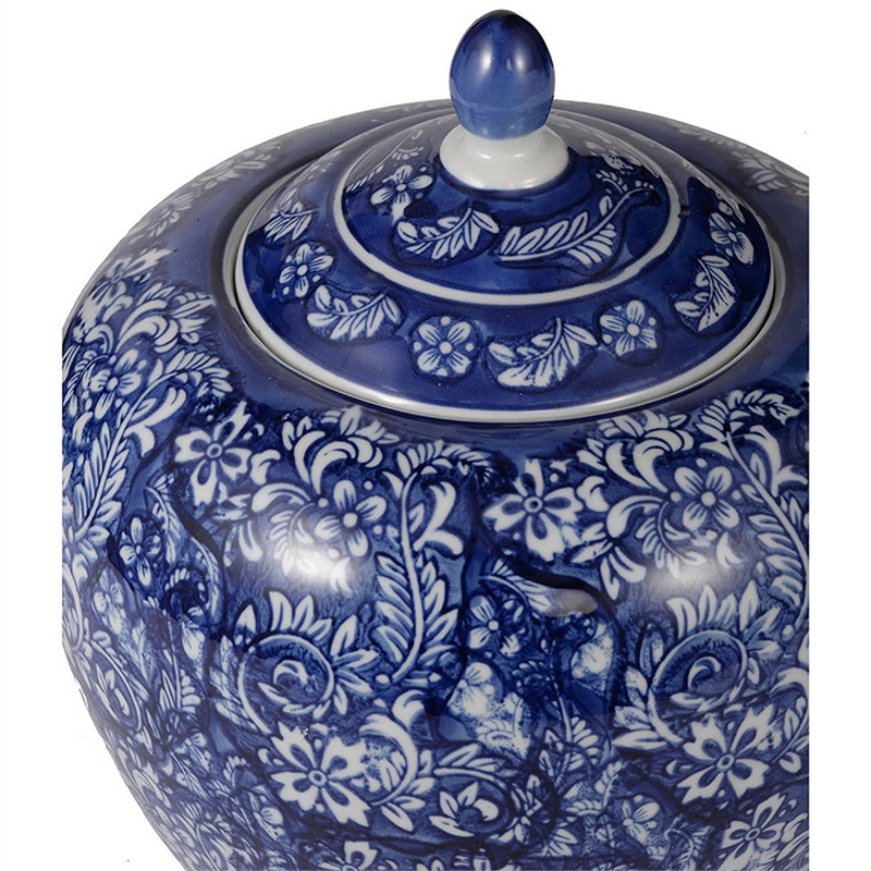 Ginger Jar with Finial-  Floral Print- White Blue Porcelain- 10 Inch
