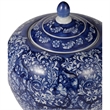 Ginger Jar with Finial-  Floral Print- White Blue Porcelain- 10 Inch