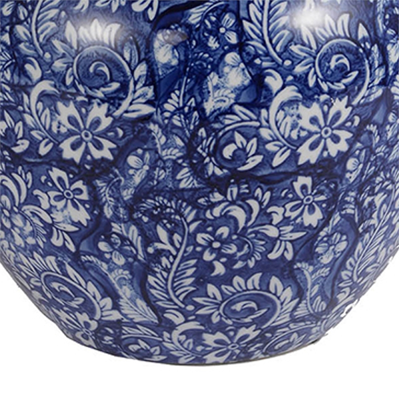 Ginger Jar with Finial-  Floral Print- White Blue Porcelain- 10 Inch