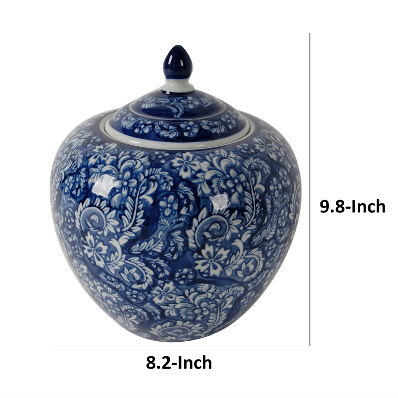 Ginger Jar with Finial-  Floral Print- White Blue Porcelain- 10 Inch