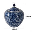 Ginger Jar with Finial-  Floral Print- White Blue Porcelain- 10 Inch