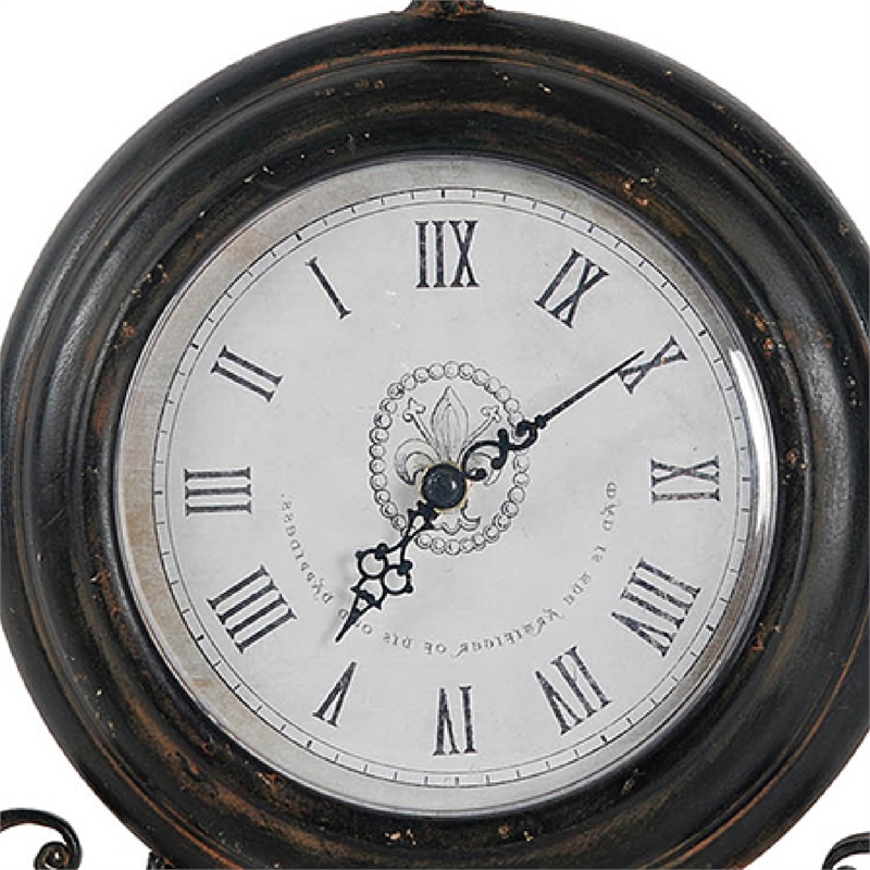 Table Clock- Roman Numerals- Round Glass Face- Aged Brown Metal- 12 Inch