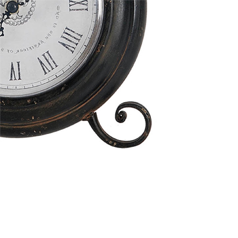 Table Clock- Roman Numerals- Round Glass Face- Aged Brown Metal- 12 Inch