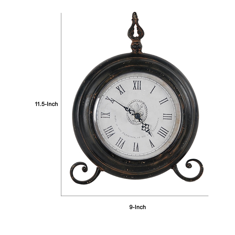 Table Clock- Roman Numerals- Round Glass Face- Aged Brown Metal- 12 Inch