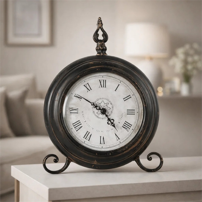 Table Clock- Roman Numerals- Round Glass Face- Aged Brown Metal- 12 Inch