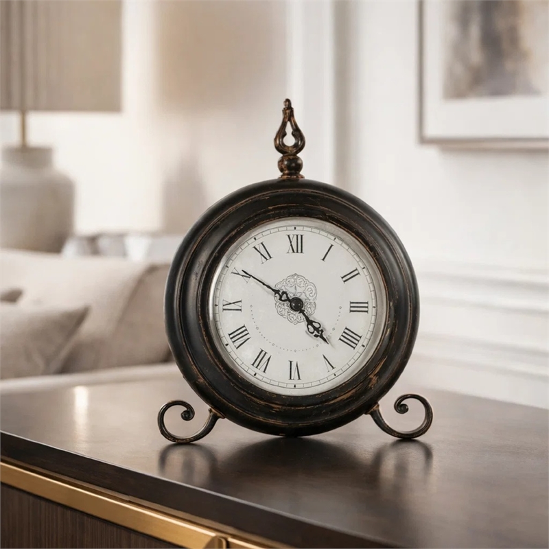 Table Clock- Roman Numerals- Round Glass Face- Aged Brown Metal- 12 Inch