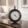 Table Clock- Roman Numerals- Round Glass Face- Aged Brown Metal- 12 Inch