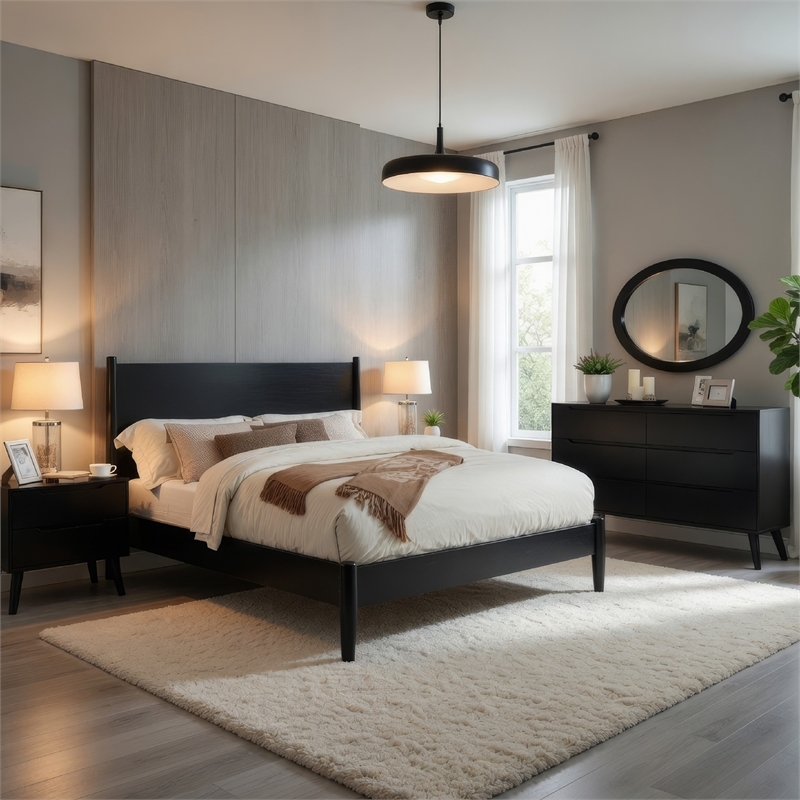 Leyla 4pc Twin Bedroom Set- Dresser with Oval Mirror- Black Wood