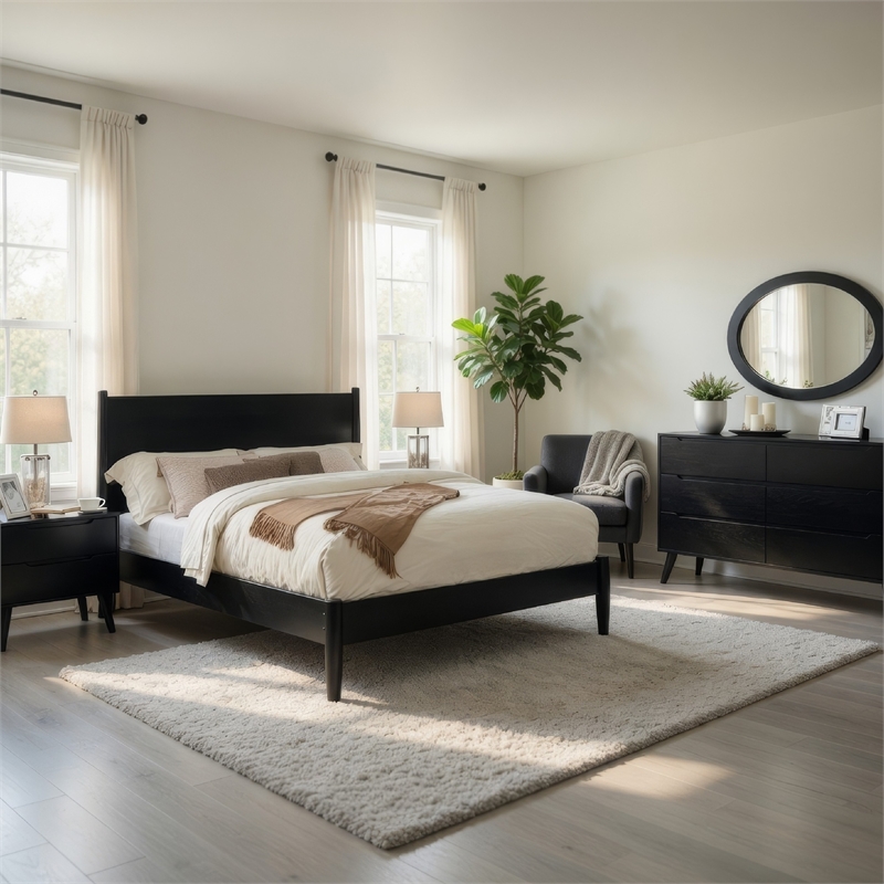 Leyla 4pc Twin Bedroom Set- Dresser with Oval Mirror- Black Wood