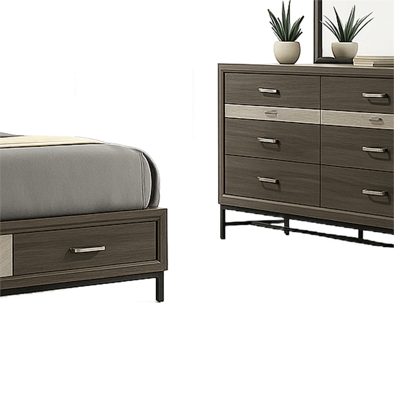 Lito 4pc Complete Queen Bedroom Set- Gray Upholstery- Footboard Drawers