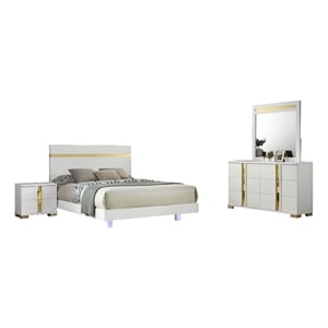 Yoki 4pc Queen Bedroom Set w Underbed LED- White Wood and Gold Accents