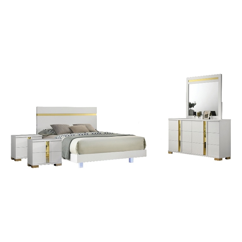 Yoki 5pc Queen Bedroom Set w Underbed LED- White and Gold- 2 Nightstands