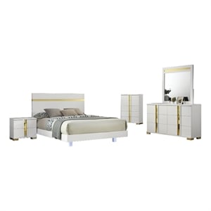 Yoki 5pc Queen Bedroom Set w Underbed LED- White and Gold- Tall Dresser