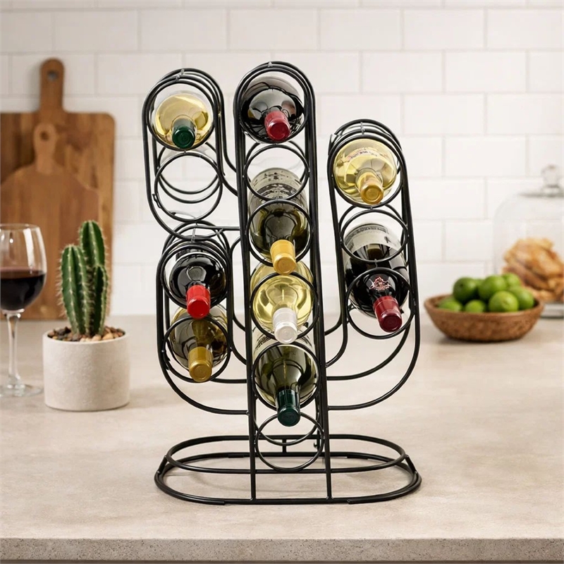 13 Bottles Countertop Wine Rack- 23 Inch- Cactus Shaped Black Metal