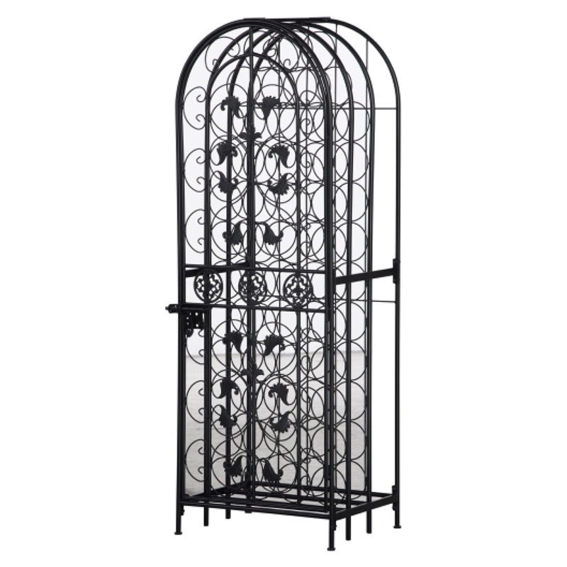 Homy Tall Wine Rack Cabinet with Lock- Holds 45 Bottles- Black Wrought Iron