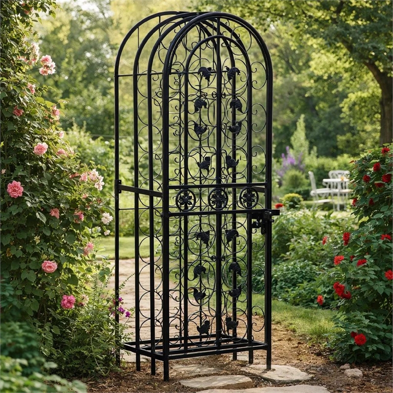 Homy Tall Wine Rack Cabinet with Lock- Holds 45 Bottles- Black Wrought Iron