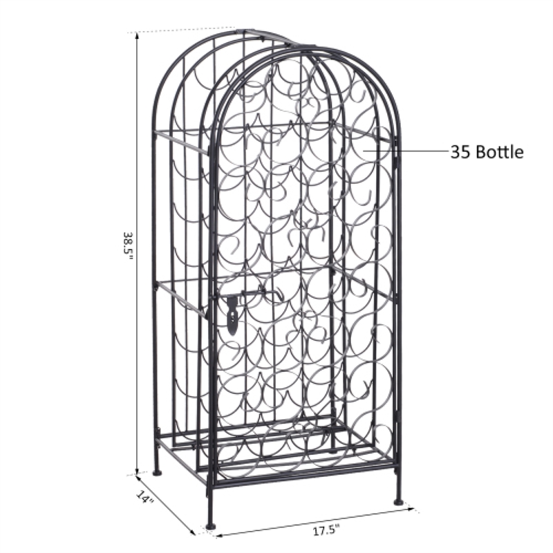 Homy Wine Rack Cabinet with Lock- Holds 35 Bottles- Black Wrought Iron
