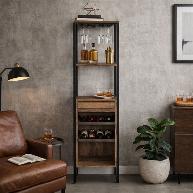 Nery Wine Rack with 1 Drawer and 3 Shelves- 69 Inch- Weathered Oak Brown