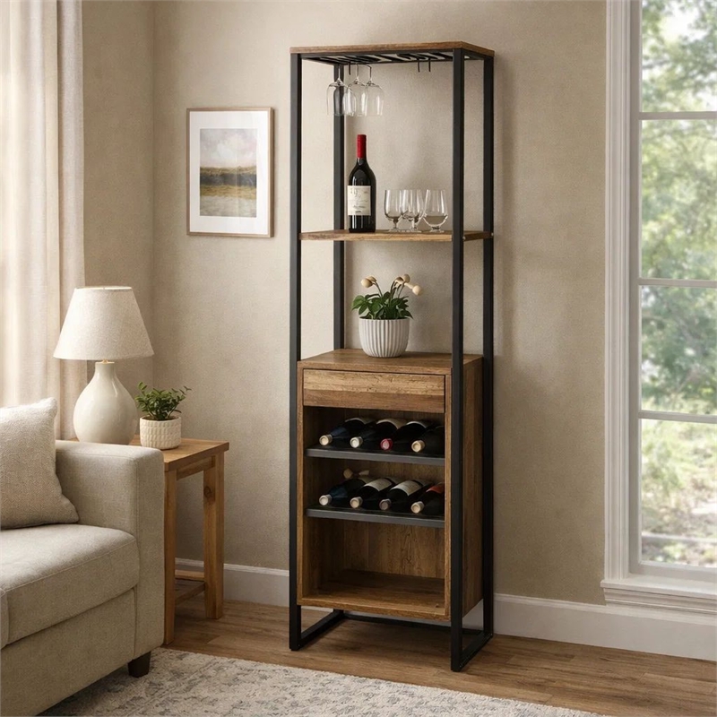 Nery Wine Rack with 1 Drawer and 3 Shelves- 69 Inch- Weathered Oak Brown